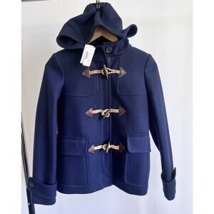 NWT J CREW Classic Melton Wool Toggle Hooded Coat Navy Blue Sz 10